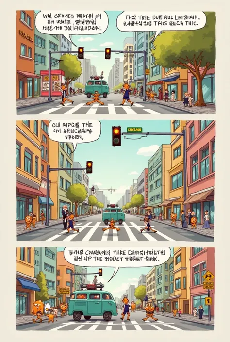 Let's make a comic with a positive message in the harmonious coexistence of the proper use of traffic lights, a comic on a sheet with many drawings and letters. 