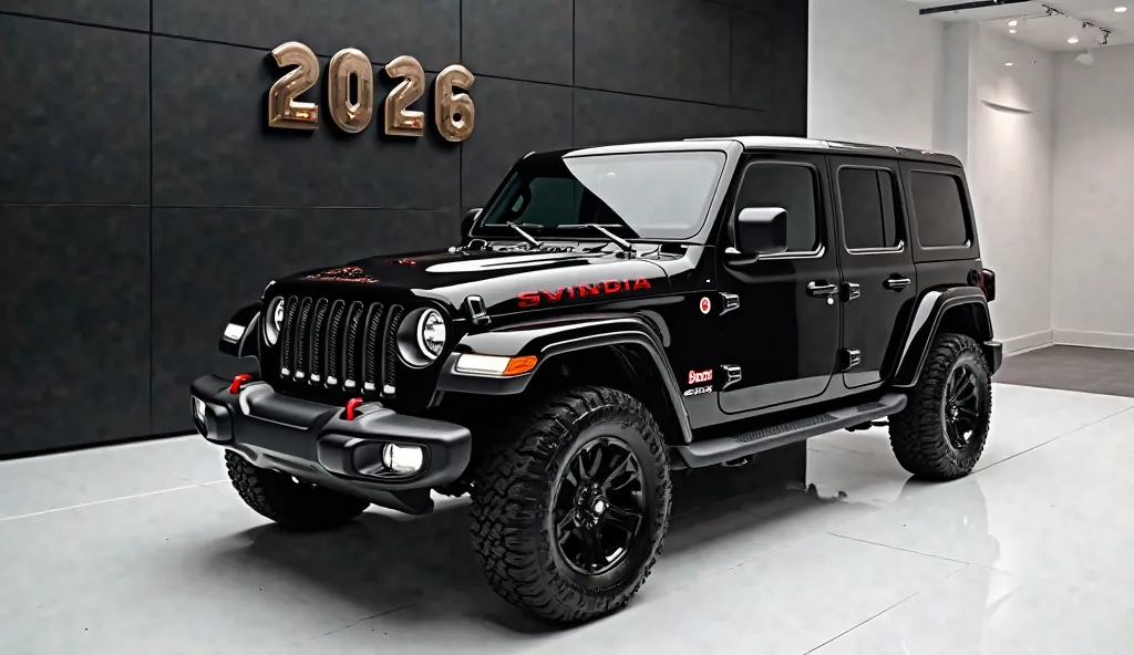 A stunning lexury model 2026 jeep Wrangler Concept takes center stage in a luxury white showroom. The black exterior gleams, with white headlight drawing attention to its sleek, aerodynamic design and bold accents. The White model is prominently displayed ...