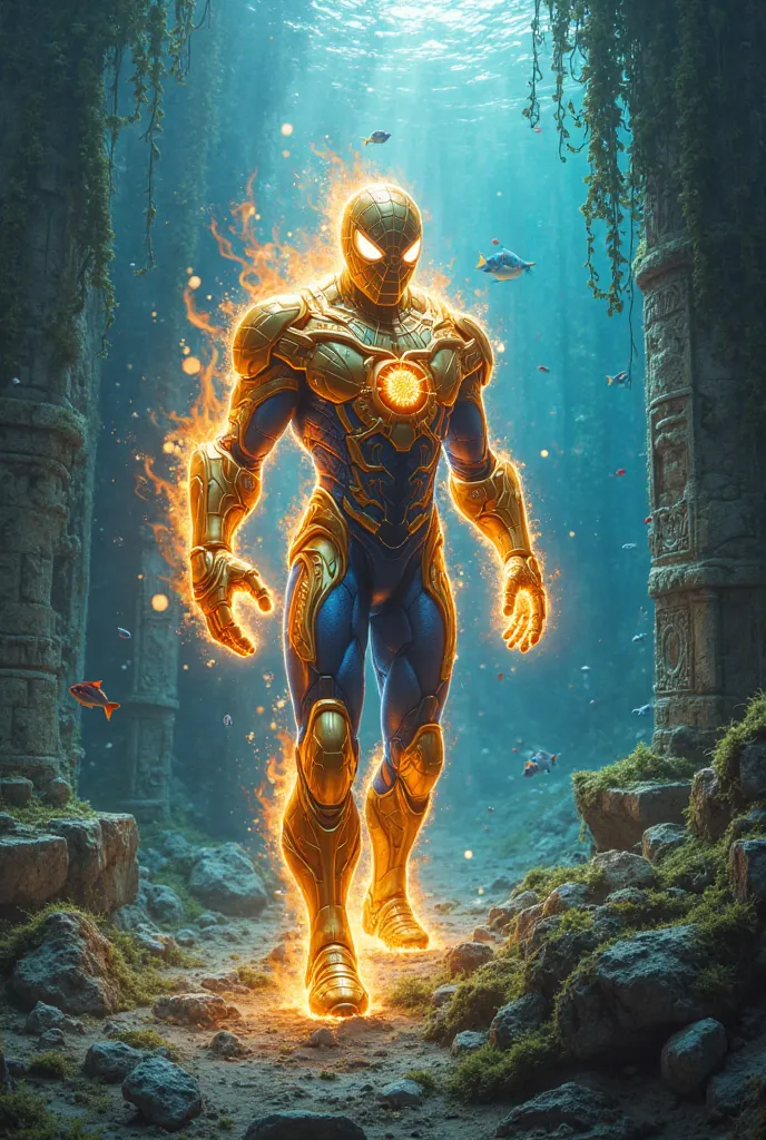 While exploring underwater in Bermuda, Spider-Man in gold-blue iron, whole body covered in flames, discovers mysterious ruins filled with sea moss.