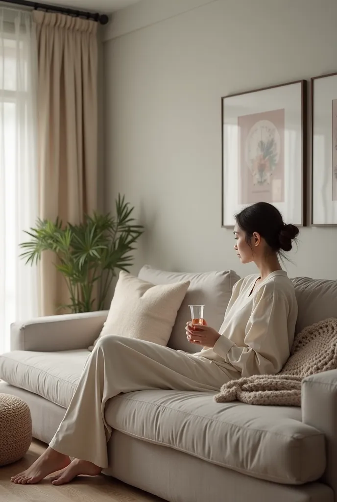 Horizontal view of the room, seeing the entire living room with scandinavian design, wide angle lens space to see the room. In it, there is a beautiful girl sitting on the sofa, holding a glass of water and watching TV.