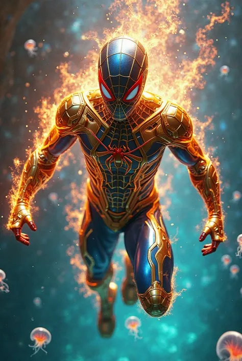 Spider-Man in gold-blue iron, whole body covered in flames, swimming in a swimming pool with glowing jellyfish, creates an extraordinary visual effect.