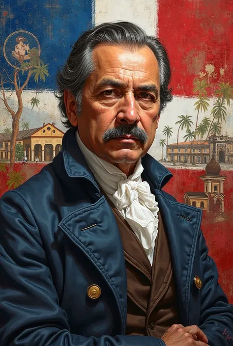 Realistic image of Juan Pablo Duarte with patriotic elements in the back of the Dominican Republic
