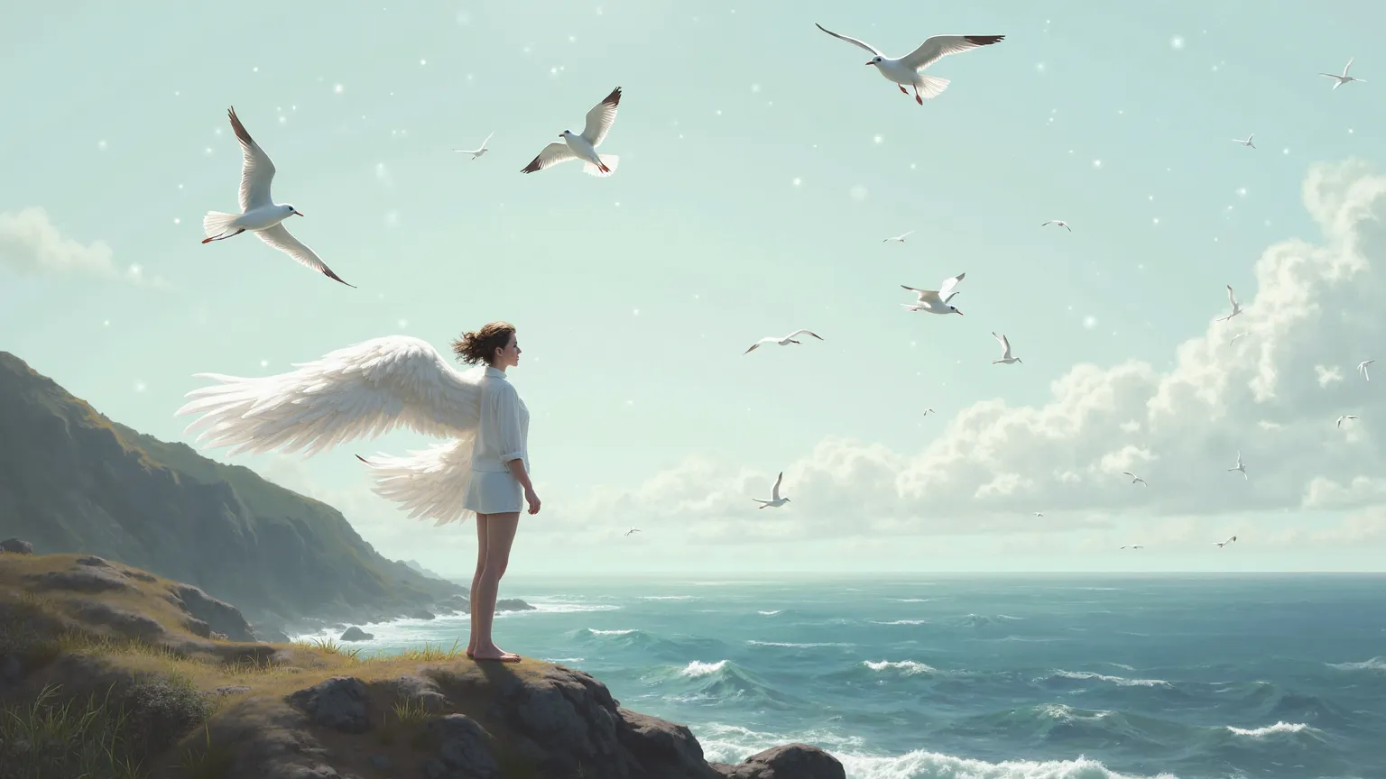 The wind whispers above, Seagulls are circling in silence, I'll open my wings with white 