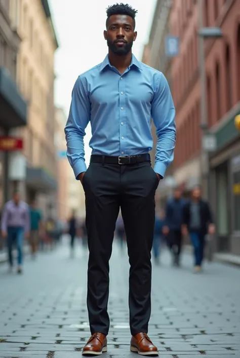 a black man with black dress pants , with brown sebum with white sole and with blue shirt 