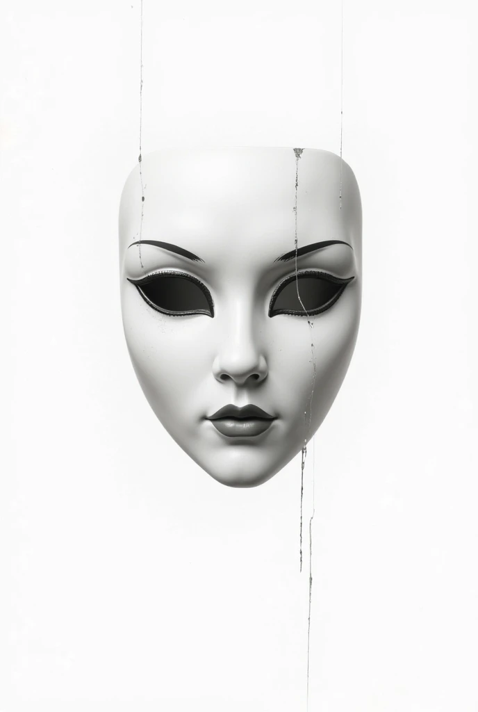 "A single floating white mask, drawn in 2D with a detailed style and marked lines. The mask has an enigmatic expression,  with subtle shadows to give depth , similar to an animated porcelain figure. The design is elegant and slightly dark, inspired by deta...