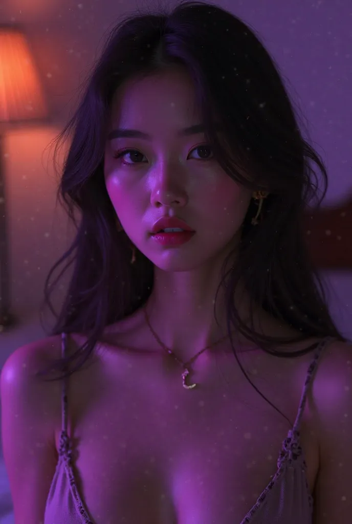 Create an image about a beautiful Korean girl being sexy, sensual and provocative in a room with purple lights in the background