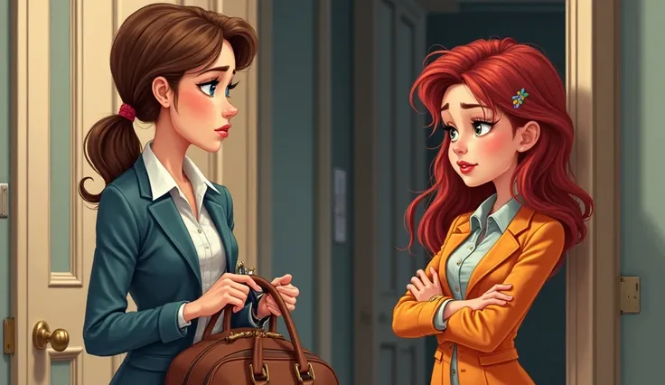 "Scene of two friends talking in an elegant office. Mary Carter blue eyes, brown hair and fair skin, wearing a classic and sophisticated outfit, is organizing her bag, while Sofia, brown eyes and red hair, with vibrant clothes and flashy accessories, leans...