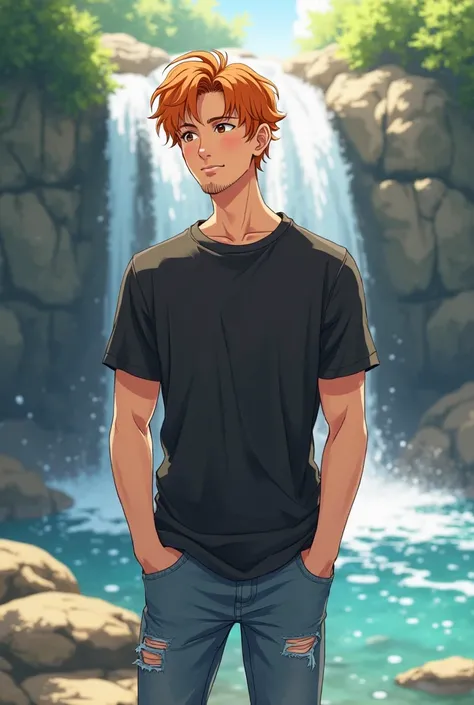 
Create an anime illustration of a man with soft orange hair and dark brown eyes is casually dressed in a black t-shirt and denim ripped jeans . He is contemplating a relaxed outdoor setting,  a cascade behind him or surrounded by nature. The sunlight high...