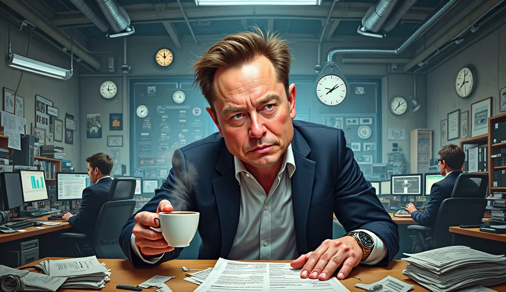 A detailed caricature of Elon Musk working nonstop in a chaotic office. He is surrounded by screens, projects, and papers, holding a coffee cup with visible dark circles under his eyes, showing exhaustion but also determination. Clocks in the background di...