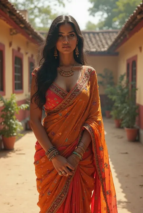 Hot India girl with big boobs wearing saree stands in school 