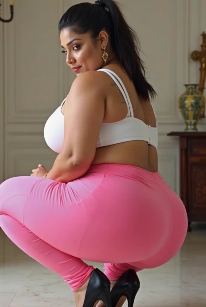 Indian bbw plus size woman,45 age, indian actress aishwarya rai face, white skin with pony tail black hair, huge very big booty, big round thick legs, big round 120 size ass, squatting in the floor, wear a pink Amazon leggings and white 100 size bra, domin...