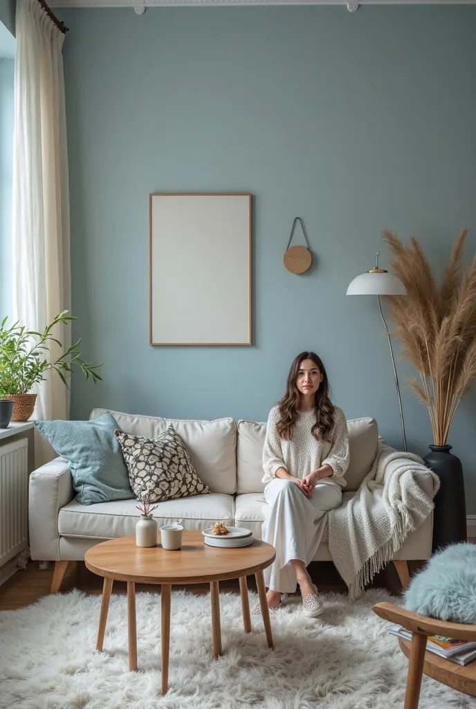 Horizontal view of the room, seeing the entire living room with scandinavian design with blue tone, wide angle lens space to see the room. In it, there is a beautiful girl sitting on the sofa.