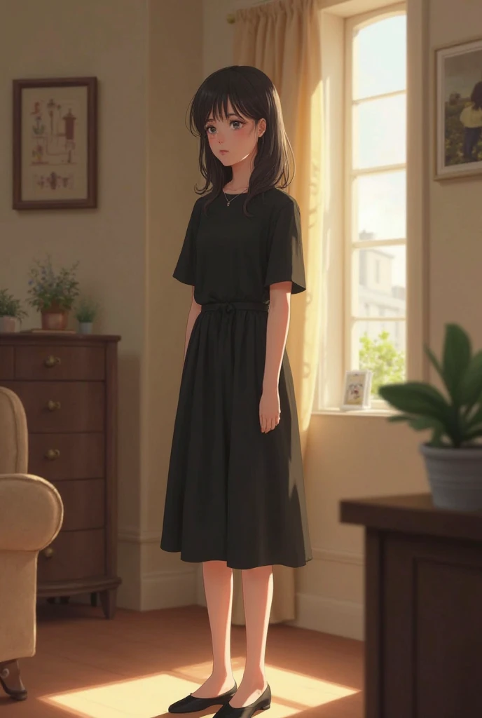 20 year old girl background home wear black dress and black shoes 