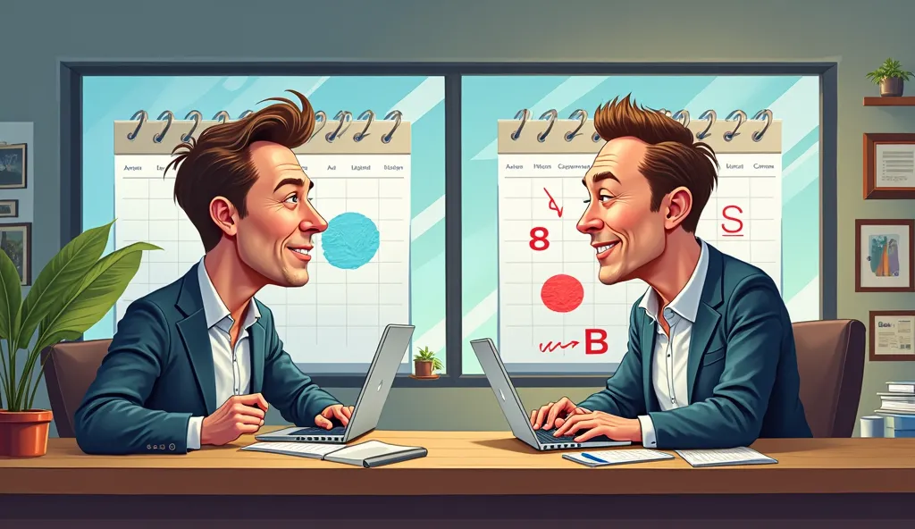 A split-screen caricature. On one side, an average entrepreneur works 40 hours a week, relaxed, with a calendar showing ‘s’ to achieve success. On the other side, Elon Musk works 80 hours a week, advancing rapidly through time, with a calendar showing only...