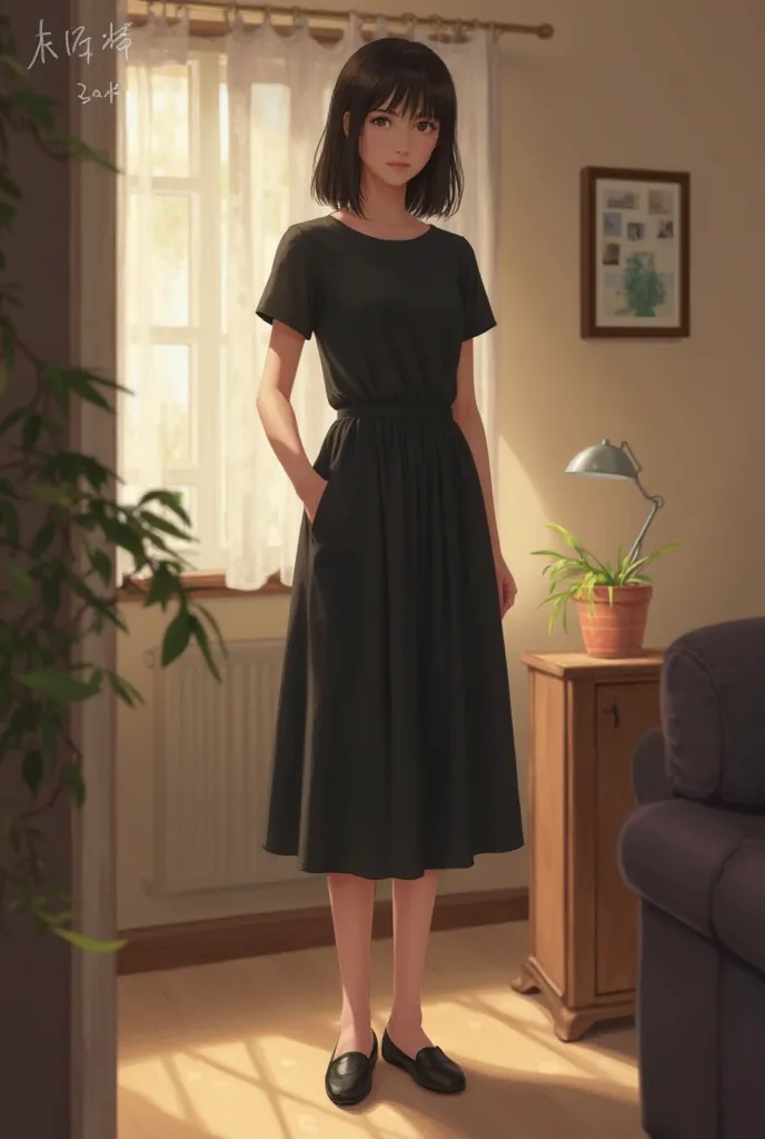 20 year old girl background home wear black dress and black shoes 