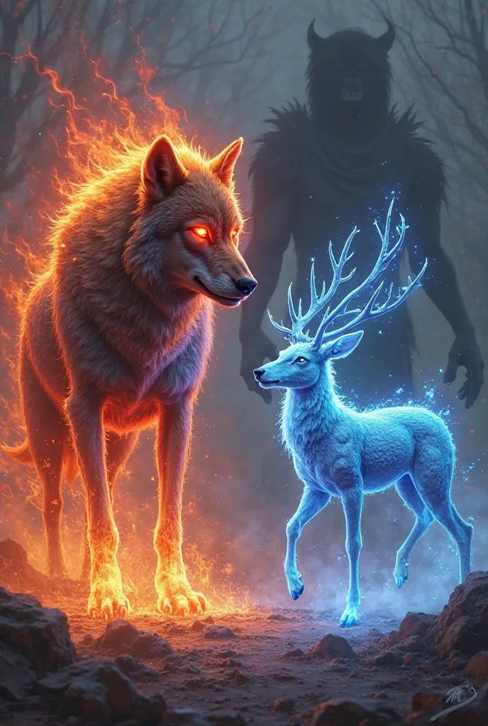 I want an image of a wolf with red eyes and red flames on the body and I want him next to a deer with blue eyes and blue flames and for the servant to be large and the same height as the wolf 