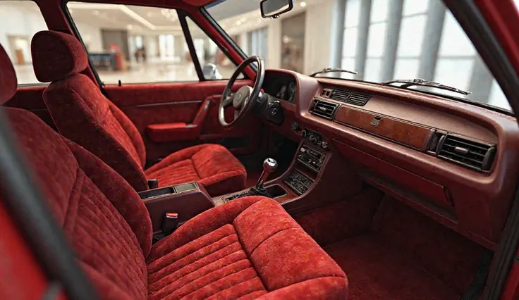 Create an ultra-detailed 3D render of the retro yet luxurious interior of the 1980s Citroën BX. The cabin should feature plush red velour seats with a classic dashboard design, a retro steering wheel with the Citroën logo, and a vintage gear shifter. The i...