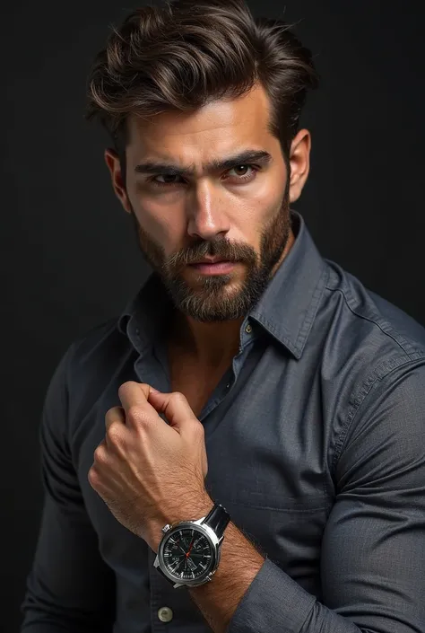 araffe man with a beard and a watch on his wrist, handsome man, handsome and attractive, wearing a watch, attractive man, handsome male, attractive male, handsome and elegant, very attractive man with beard, wears a watch, handsome, raphael personnaz, hand...