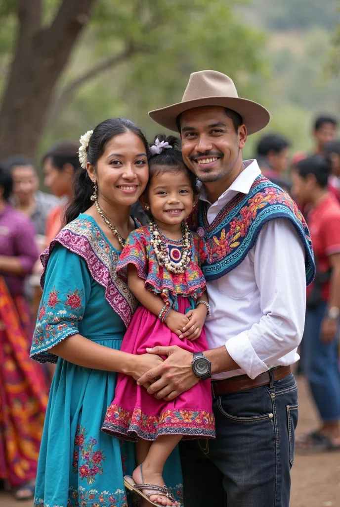 Traditional Guatemalan indigenous Mayan family from Quetzaltenango united and full of joy, with Latin and indigenous features together with their ren, a  girl and a  boy, smile radiantly, reflecting love and harmony. The 25-year-old woman wears her hair ti...