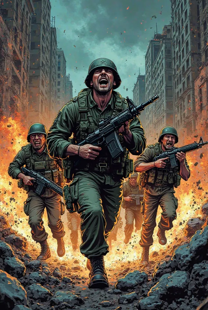 I want an image that's like a comic book where some soldiers are screaming 
