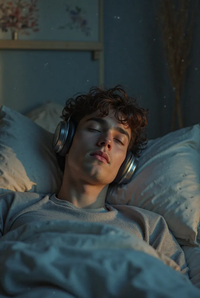 A young man In the sleeping room, I have closed my eyes with headphones in my ears