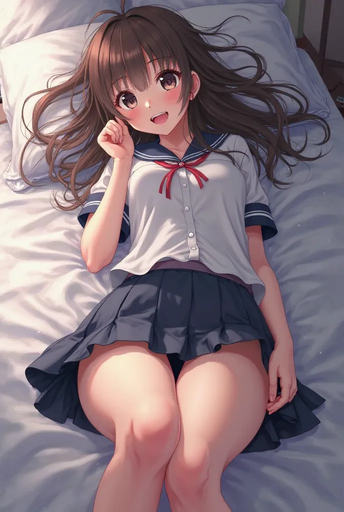 18+ anime art schoolgirl lies on the bed in high school clothes, putting her hand under her skirt and face in pleasure