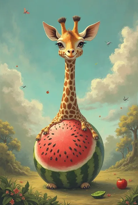 Make an girafe wirh a watermelon on his tummy
