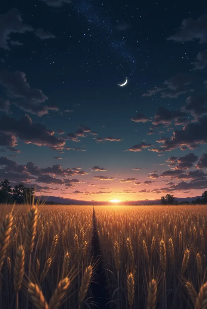 Draw a wheat field at dusk. Stars and a crescent moon are visible in the sky. the sky is dark , black and blue colors predominate, however, shades of blue are visible, pink and purple 