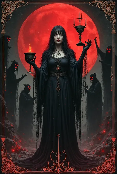  Queen of Cups demons behind her red moon black and red tarot palette nights cup in the hand of a mystic 