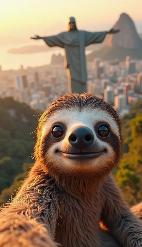 A hyper-realistic image of a sloth taking a selfie in front of the Christ the Redeemer statue in Rio de Janeiro, Brazil. The sloth has a friendly, charming smile, with glossy eyes that reflect the vibrant cityscape behind it. Its fur is rich and well-defin...