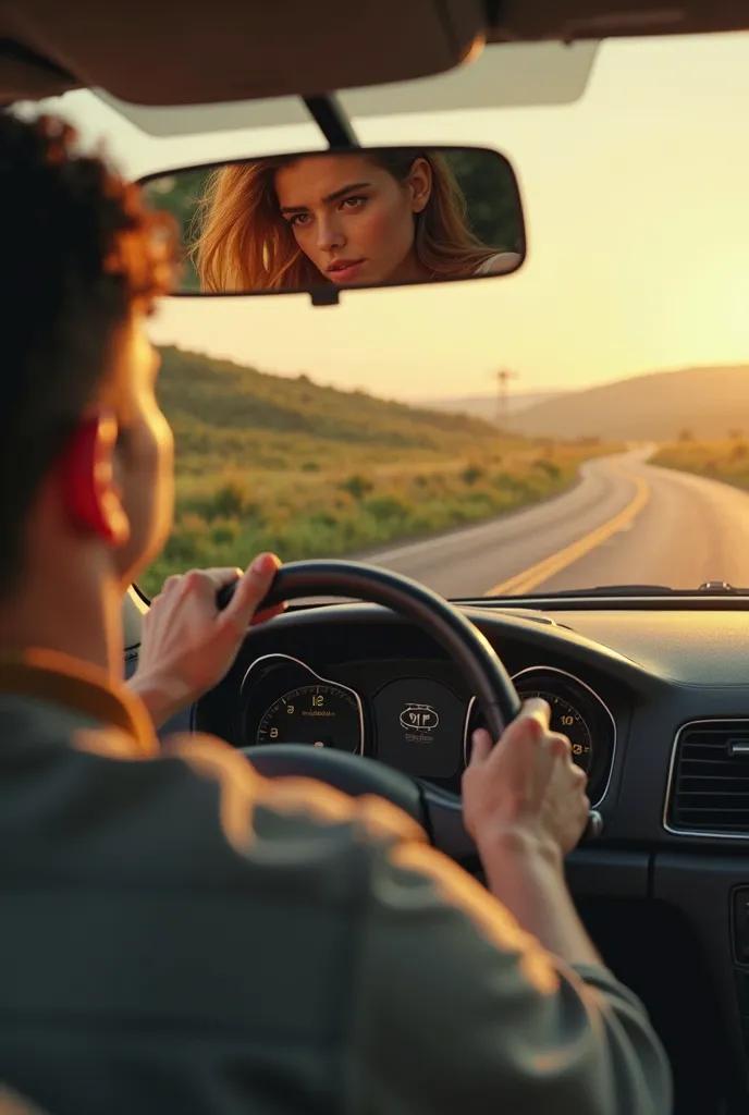 A girl and boy in a car the boy  driving and seeing girl through mirror
