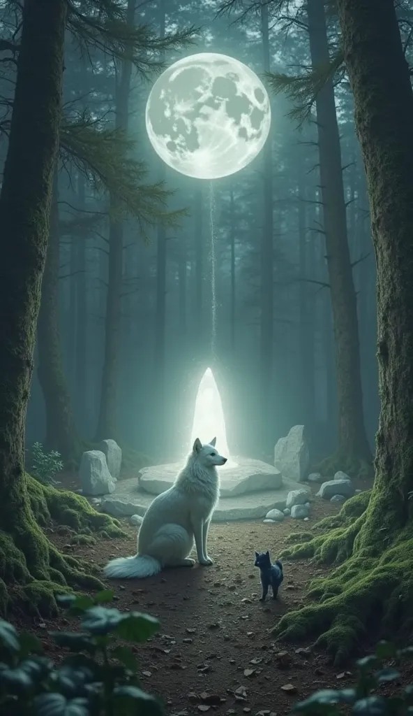 
A sacred clearing deep in the forest, the heart of the forest glowing with soft white light, ancient floating stones circling around a bright moonstone that hovers in mid-air. Lumi stands close to the moonstone, her fur softly shimmering from its light. T...