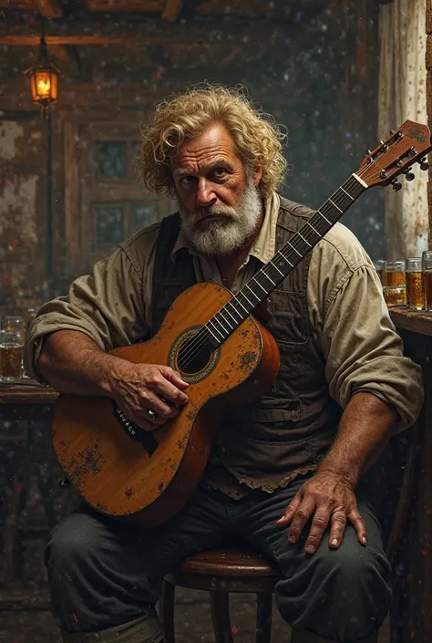 A drunken bully with disheveled blond curls with a guitar sits in a tavern Russia early twentieth century 