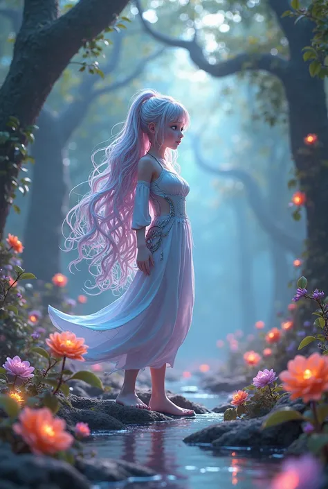 Create a highly detailed 3D art illustration of ZER0, a young girl embodying the essence of nature and magic in a fantastical world. ZER0 should stand in the heart of an enchanted forest, surrounded by towering ancient trees with luminous leaves that softl...