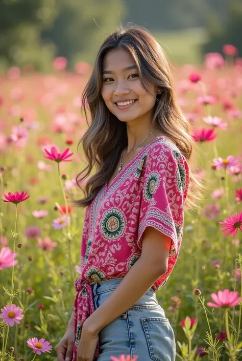 A young Thai woman in her 20s, with brown hair highlighted in gray, stands gracefully in a field of bright cosmos flowers. She poses gracefully, her poses expressing natural beauty and happiness. She smiles warmly at the camera, her poses are sincere and a...