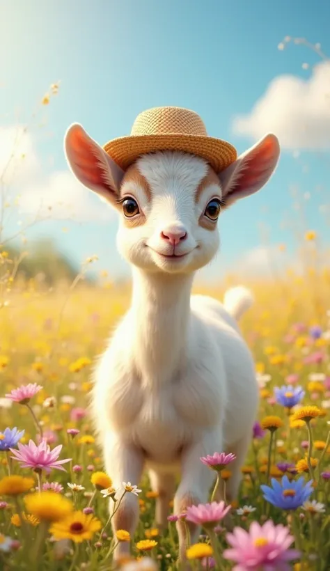 "A hyper-realistic image of an adorable young goat standing in a vibrant meadow filled with colorful wildflowers. The goat has a soft, creamy white coat with delicate brown markings near its eyes. Its ears are perked up, slightly translucent in the sunligh...