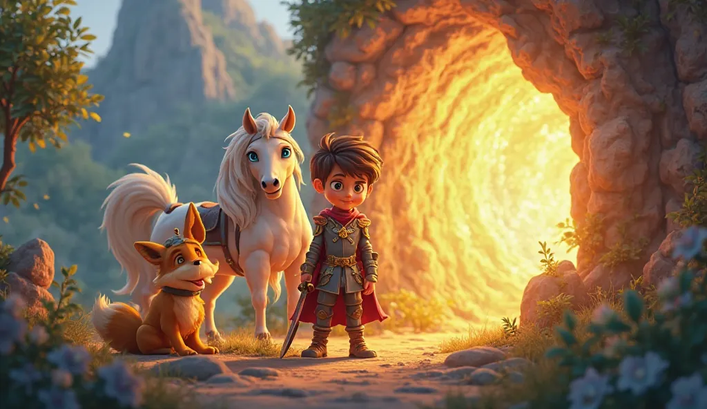 In cinemastic 3d cartoon style"Create an illustration of a grand adventure scene featuring a brave young prince, a cunning golden fox, and a magical horse, all in one frame. The setting is a mystical landscape that includes a dense enchanted forest, toweri...