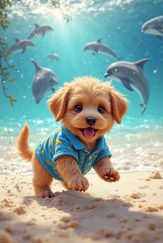 Create an image of a realistic puppy on the beach with a blue parrot shirt and the sea in the background with jumping dolphins 