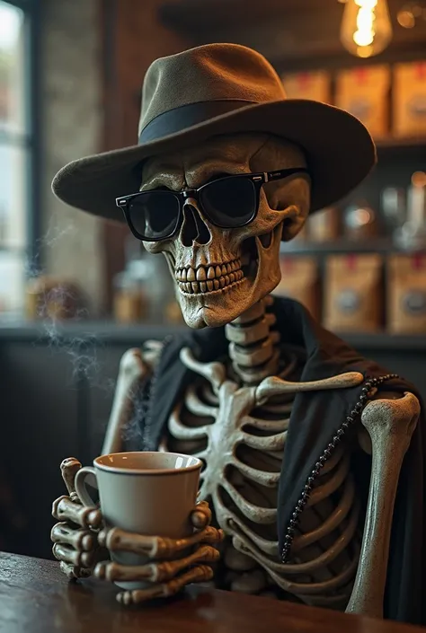 A skeleton in a big brimmed hat dark glasses with a cup of black coffee in his hand, In the background a bar with hyper realistic coffee bags