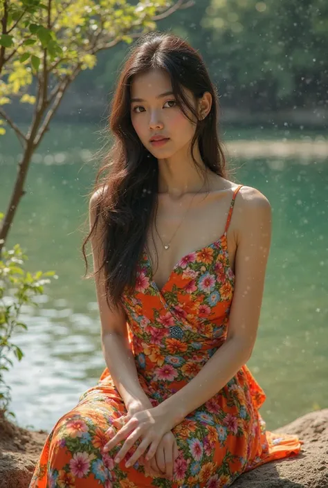 Beautiful Thai girl in a floral dress sitting by the water