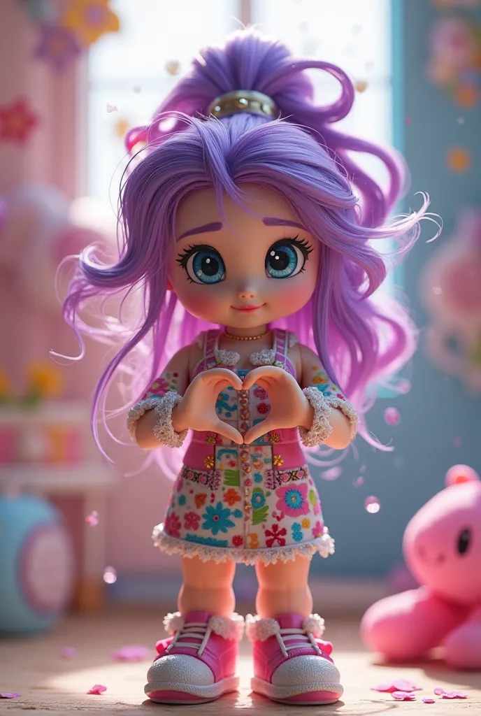 Make a Roblox doll with purple hair tied with Harity clothes from My Little Pony making a heart