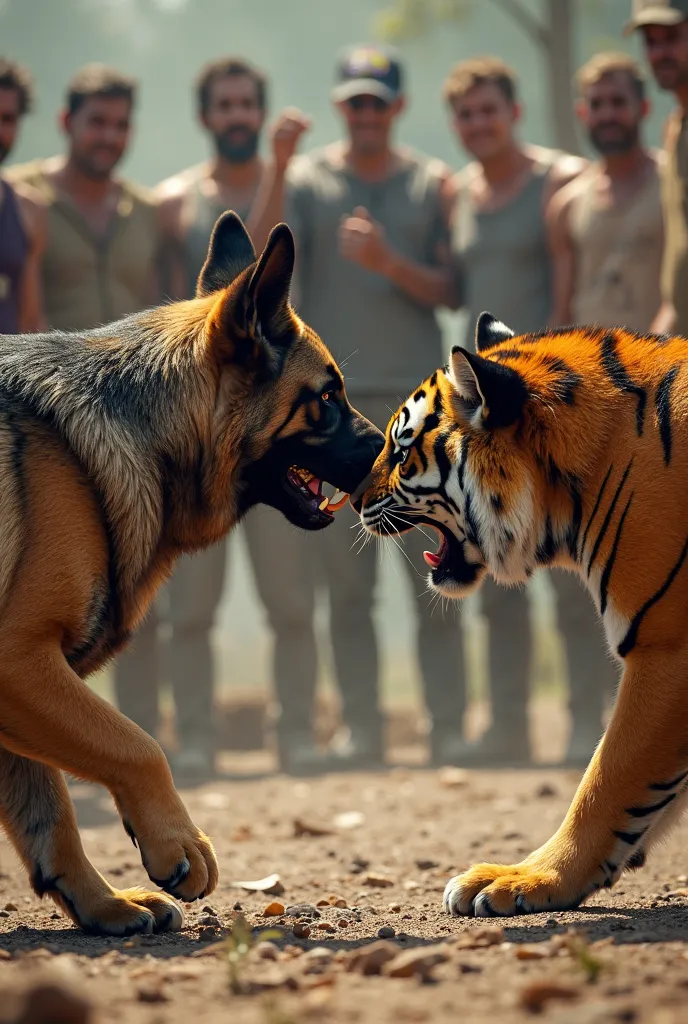 German shepherd and tiger angry each other behind men