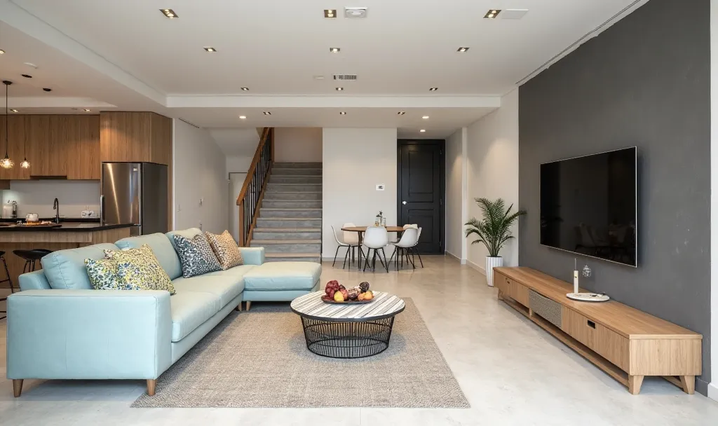 Here is a detailed description of the image:  

- **Overall Space**: This is an interior perspective of the ground floor of a house, designed in a modern style with neutral tones.  
- **Living Room**:  
  - A large pastel blue sofa with multiple colorful p...