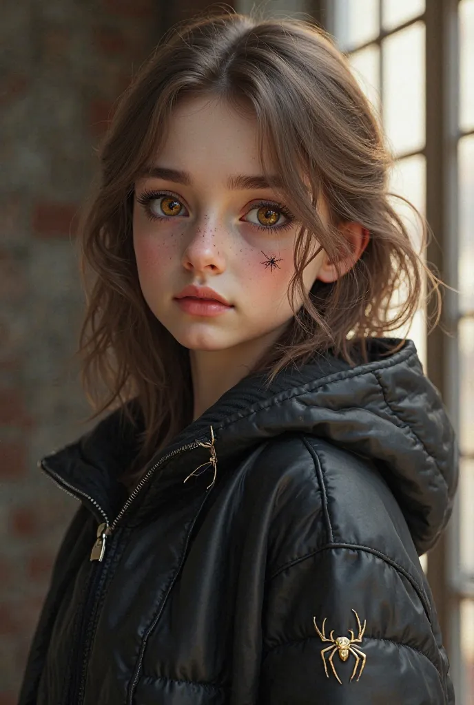 Create a girl with a European look, age s, with light brown hair, NECK-LONG HAIR, birthmark and right eye, with amber eyes, in real form. Dressed in a black zipka with a spider print. 