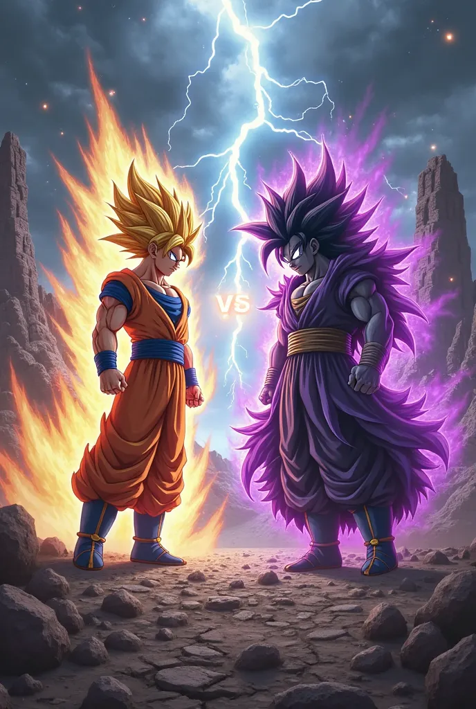 A hyper-realistic, intense battle scene showing Super Saiyan Goku with his golden, spiky hair glowing and surrounded by a powerful golden aura, facing off against Black Goku, who emits a dark, sinister aura with hints of purple energy. Both are in dynamic ...