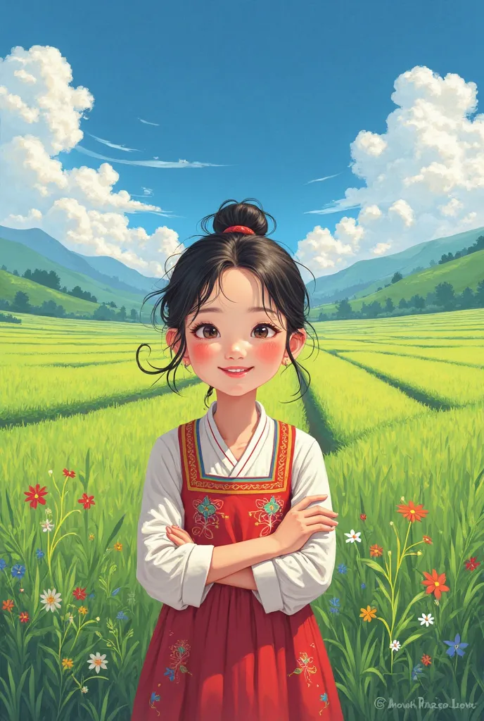 Draw a funny, cheerful, bright peasant girl with a cute, cool look, behind a rice field, draw the face of a Korean.