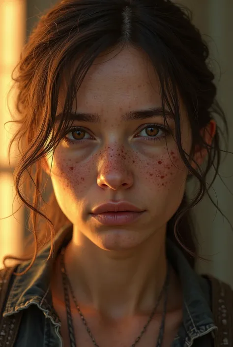 Ellie, tlou2, portrait, sun rays, looking at viewer, award-winning, (8k, RAW photo, best quality, masterpiece:1.2),ultra-detailed, (high detailed skin:1.2), 8k uhd, dslr, soft lighting, high quality, 