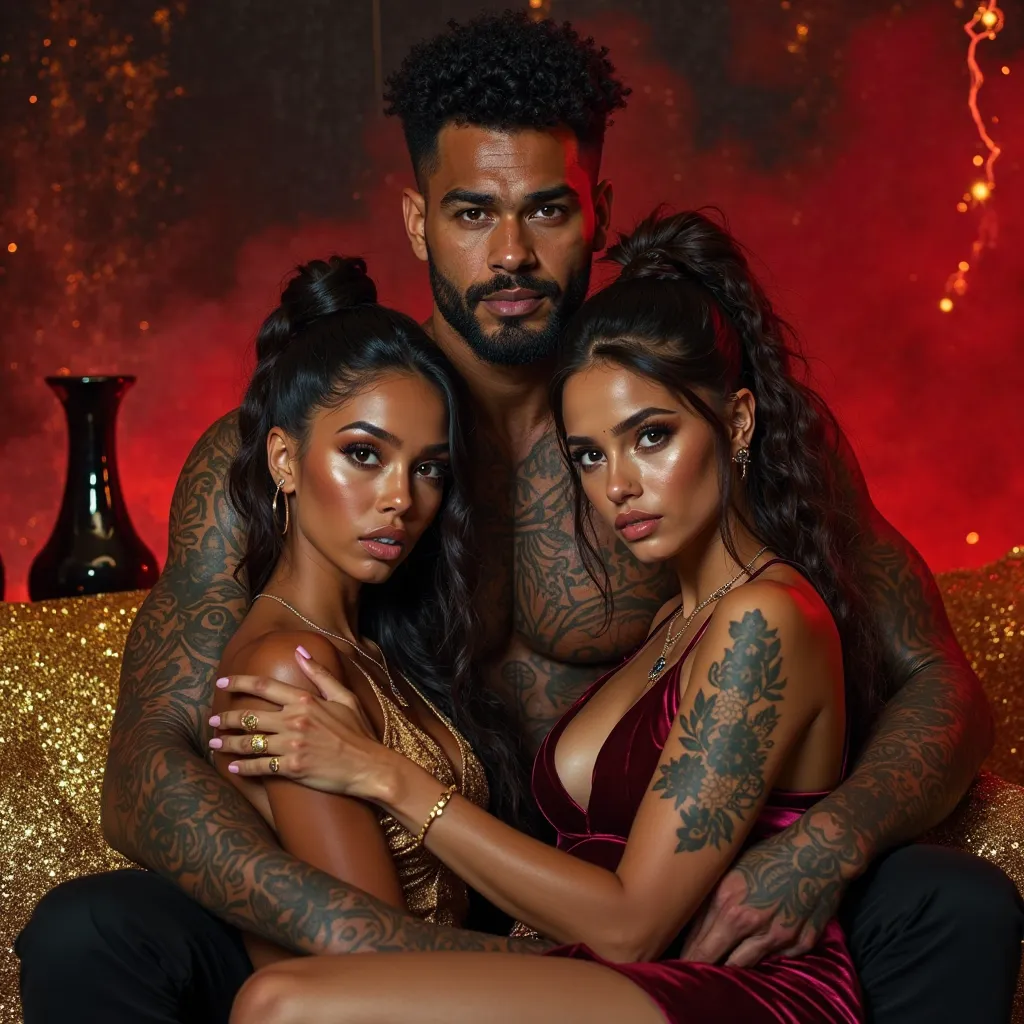 ((DESCRIPTION INTIMIDATING 23-YEAR-OLD DOMINICAN MAN HANDSOME GREEN EYES MUSCULOUS AND HAIRY SHORT CURL WITH TATTOOS ALL OVER THE BODY)) and su hermana (descripcion Mujer morena con he pheo largo liso marrón clarito con mechas fucsias,brown eyes,with freck...