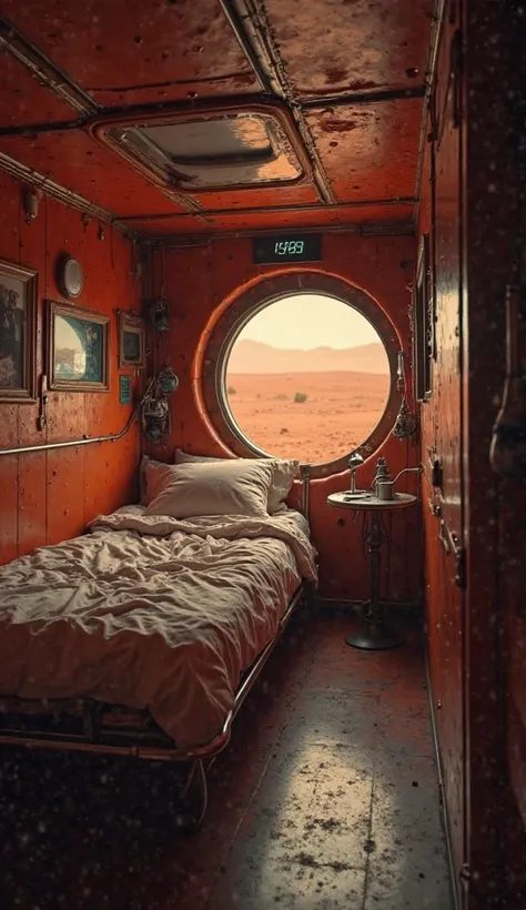 POV: You wake up in a narrow cot inside a cramped Mars habitat module. The hum of life-support systems drones in your ears. Through the porthole, you see red dust swirling in the thin Martian air outside. A digital clock reads 06:47 AM, SOL 14, Year 2049 ....