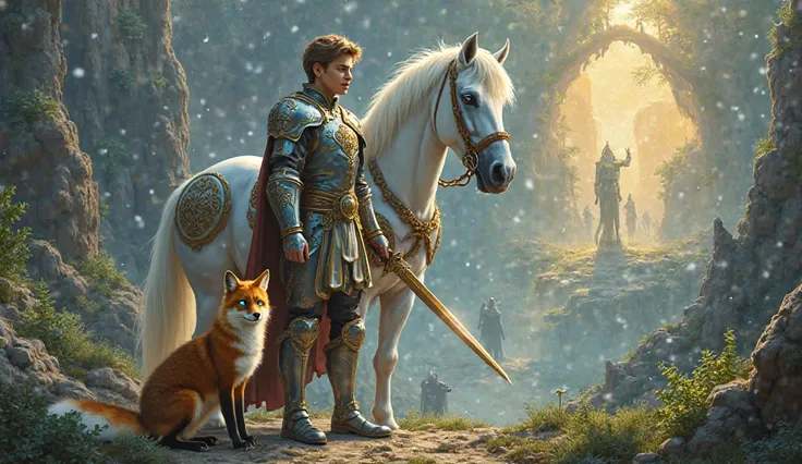 A brave young prince in shining silver and gold armor stands confidently in a mystical landscape, gripping a sword. Beside him, a cunning fox with glowing blue eyes and a white-tipped tail sits, appearing intelligent and alert. A majestic white horse with ...